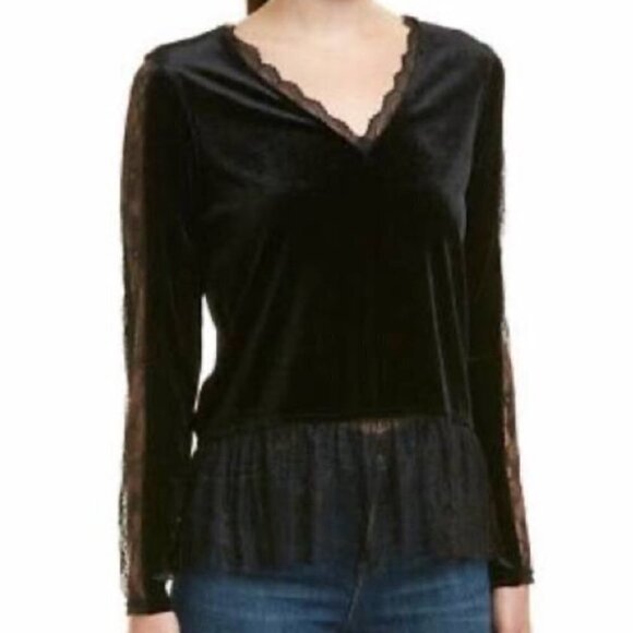 Allison NY Velvet Lace Long Sleeve V-Neck Peplum Dark Academia Blouse - Picture 2 of 10
